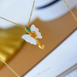 Silver Natural Hotan jade Turquoise butterfly Pendant Necklace