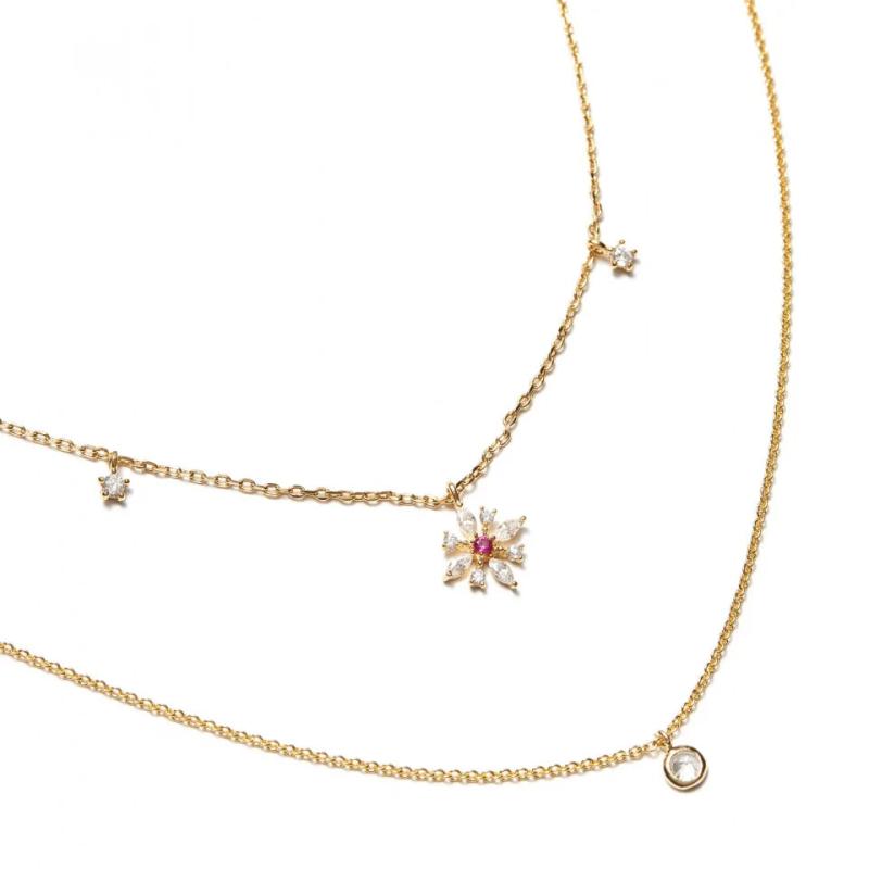 925 Sterling Silver Double Layer Necklace CZ Flower Charm Women Jewelry