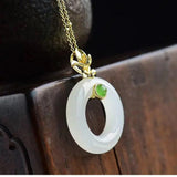 Silver Inlaid Hetian Jade Plant Pendant Necklace
