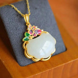 Silver Inlaid Hetian Chalcedony Plant Pendant Necklace Chinese Retro Court Charm