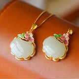 Silver Inlaid Hetian Chalcedony Plant Pendant Necklace Chinese Retro Court Charm