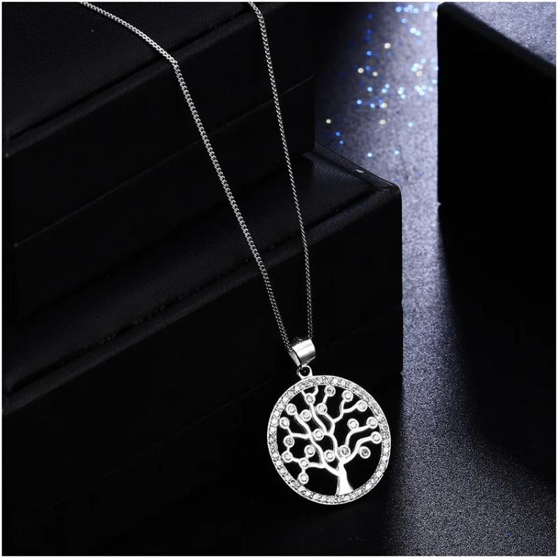 Zircon Tree Round Pendant 925 Silver Necklace for Women