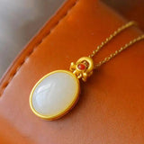 Silver Inlaid Hetian Chalcedony Egg Pendant Necklace