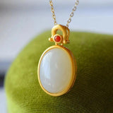 Silver Inlaid Hetian Chalcedony Egg Pendant Necklace
