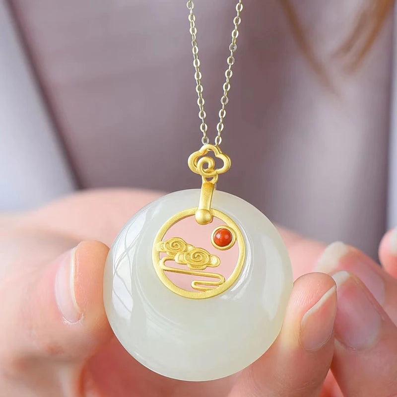 Hetian Jade Cloud Palace Pendant Necklace Ancient Charm Jewelry