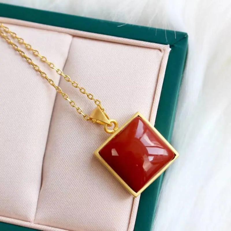 Red Square Pendant Necklace with Silver Inlay