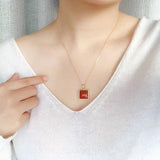 Red Square Pendant Necklace with Silver Inlay