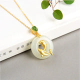 3D Inlaid Hetian Jade Dolphin Pisces Pendant Necklace Chinese Retro Jewelry