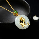 3D Inlaid Hetian Jade Dolphin Pisces Pendant Necklace Chinese Retro Jewelry