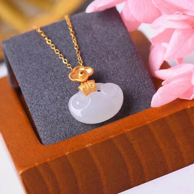 Hetian Jade Pendant Necklace with Silver Inlay - Auspicious Clouds Charm
