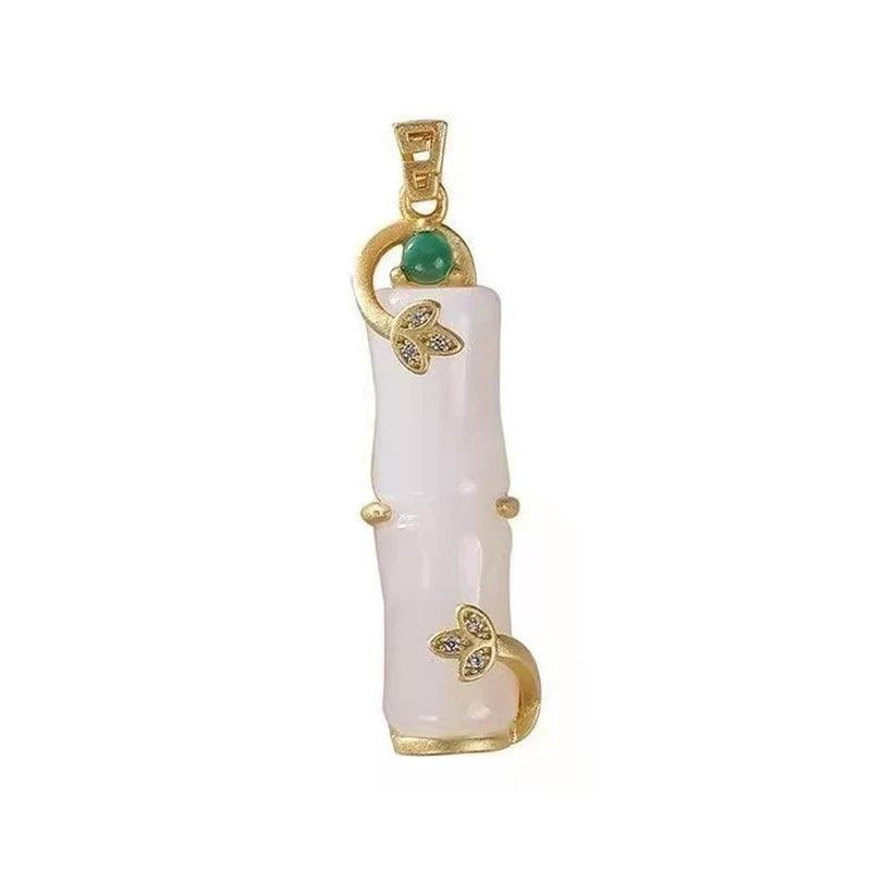 Ancient Craft Inlaid Hetian Jade Bamboo Pendant Necklace