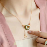 Hetian Jade Gourd Pendant Necklace with Silver Inlay