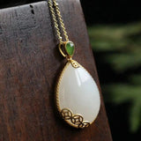 Silver Natural Hotan Jade Drop Shaped Pendant for Women