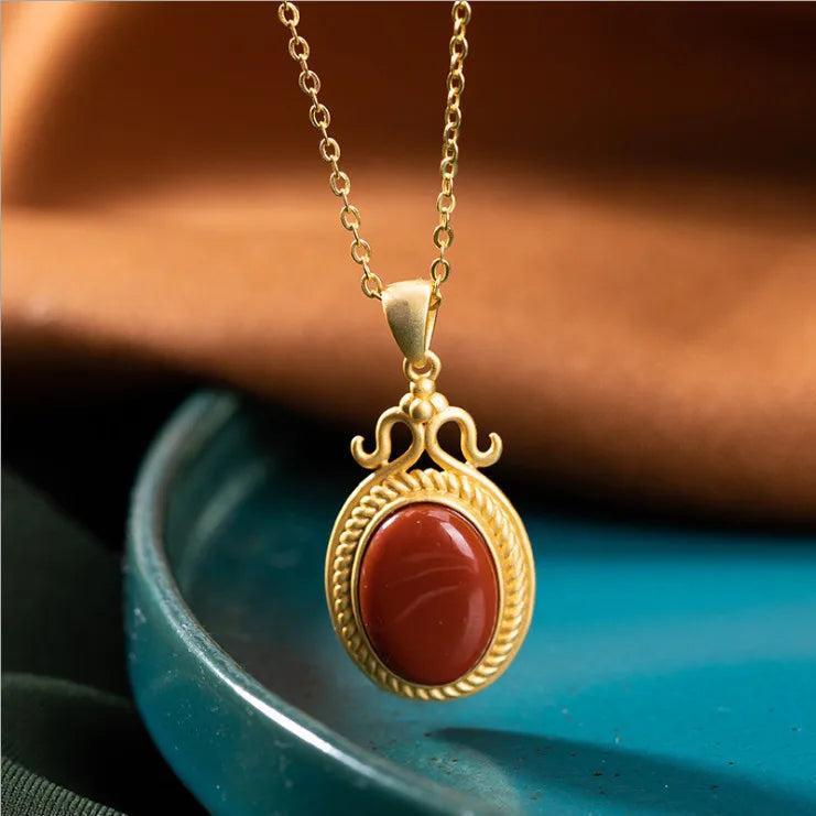 Silver Inlaid Natural Southern Red Oval Round Pendant Necklace