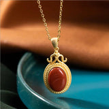Silver Inlaid Natural Southern Red Oval Round Pendant Necklace