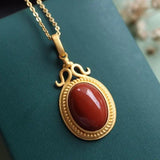 Silver Inlaid Natural Southern Red Oval Round Pendant Necklace