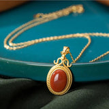 Silver Inlaid Natural Southern Red Oval Round Pendant Necklace