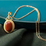 Silver Inlaid Natural Southern Red Oval Round Pendant Necklace