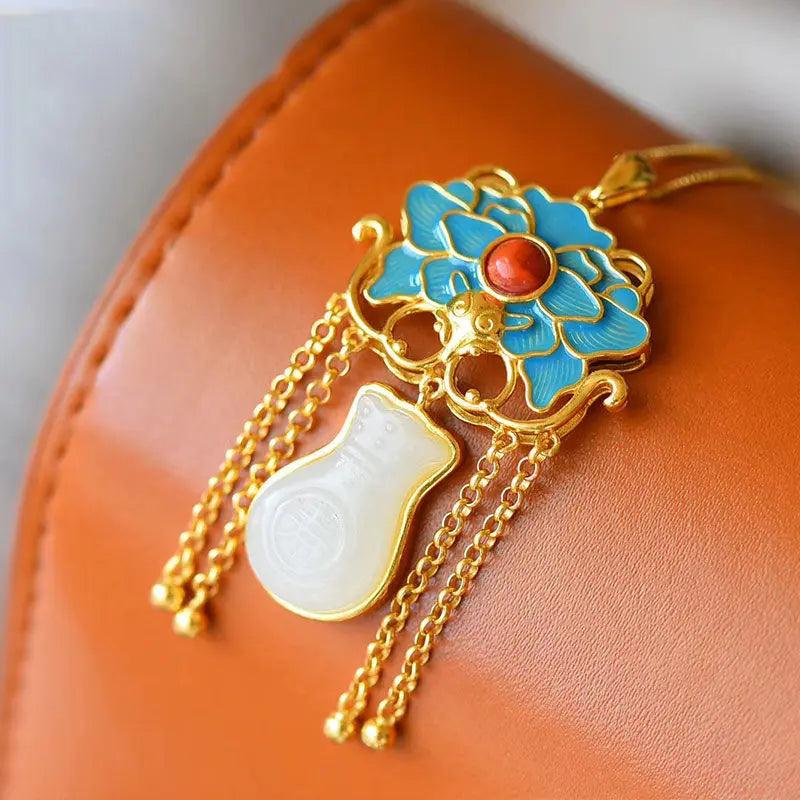 Silver Inlaid Jade Fushou Gourd Pendant Necklace