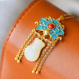 Silver Inlaid Jade Fushou Gourd Pendant Necklace
