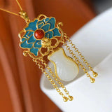 Silver Inlaid Jade Fushou Gourd Pendant Necklace