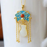 Silver Inlaid Jade Fushou Gourd Pendant Necklace