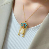Silver Inlaid Jade Fushou Gourd Pendant Necklace