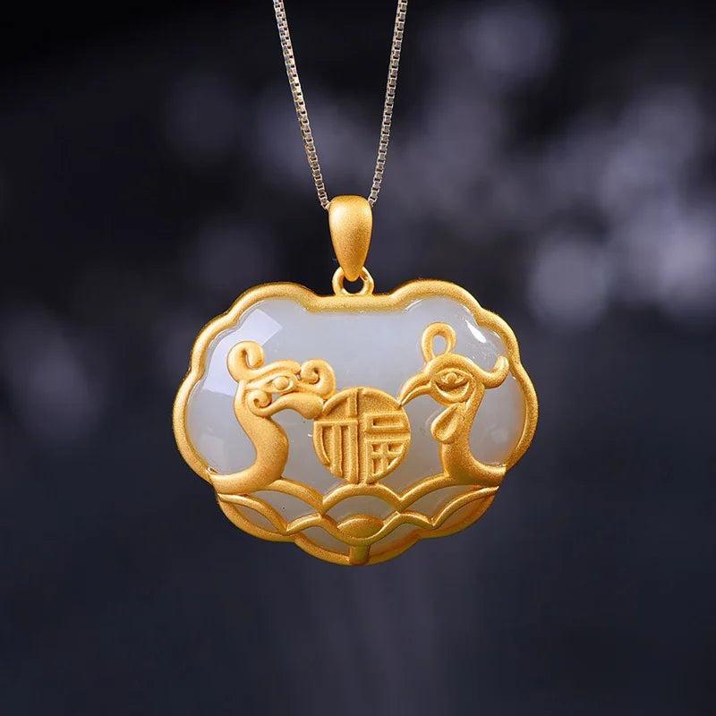 Hetian Chalcedony Dragon & Phoenix Pendant Necklace Retro Court Silver Jewelry