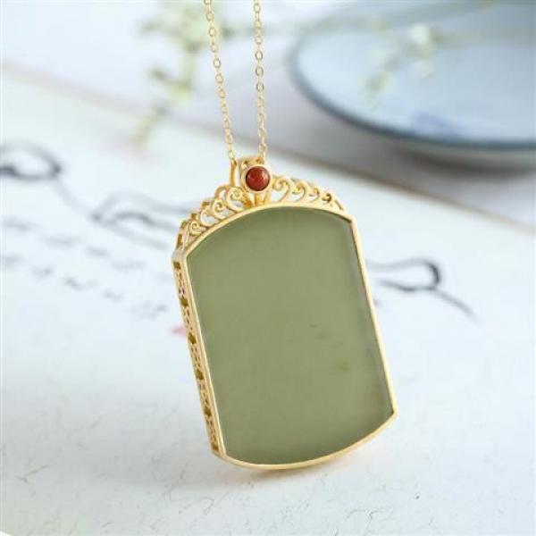 Silver Inlaid Hetian Jade Square Pendant Necklace