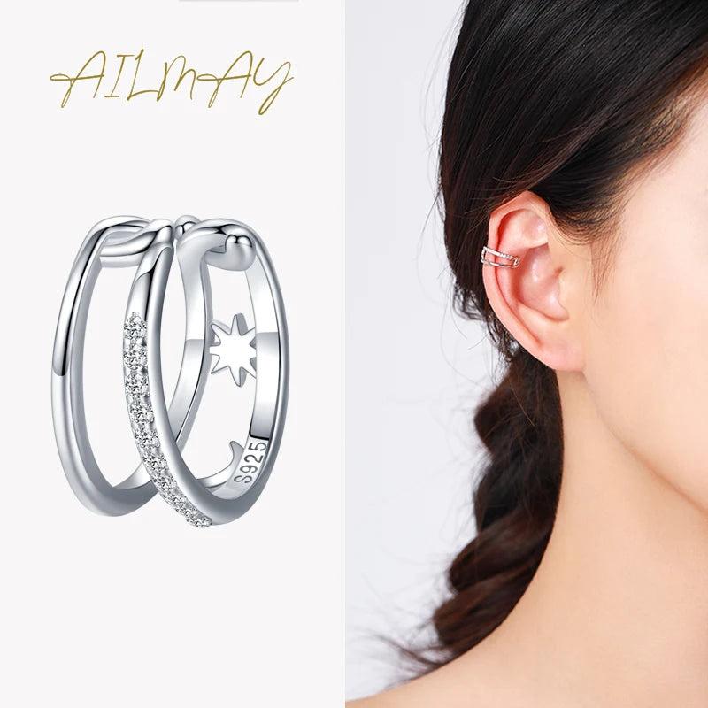 925 Silver Moon Star Ear Clip CZ Earring