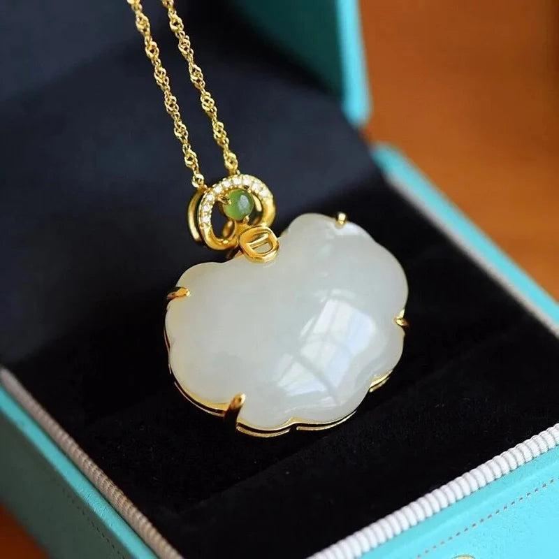 Hetian Jade Cloud Peace Lock Necklace Chinese Charm Ladies Jewelry