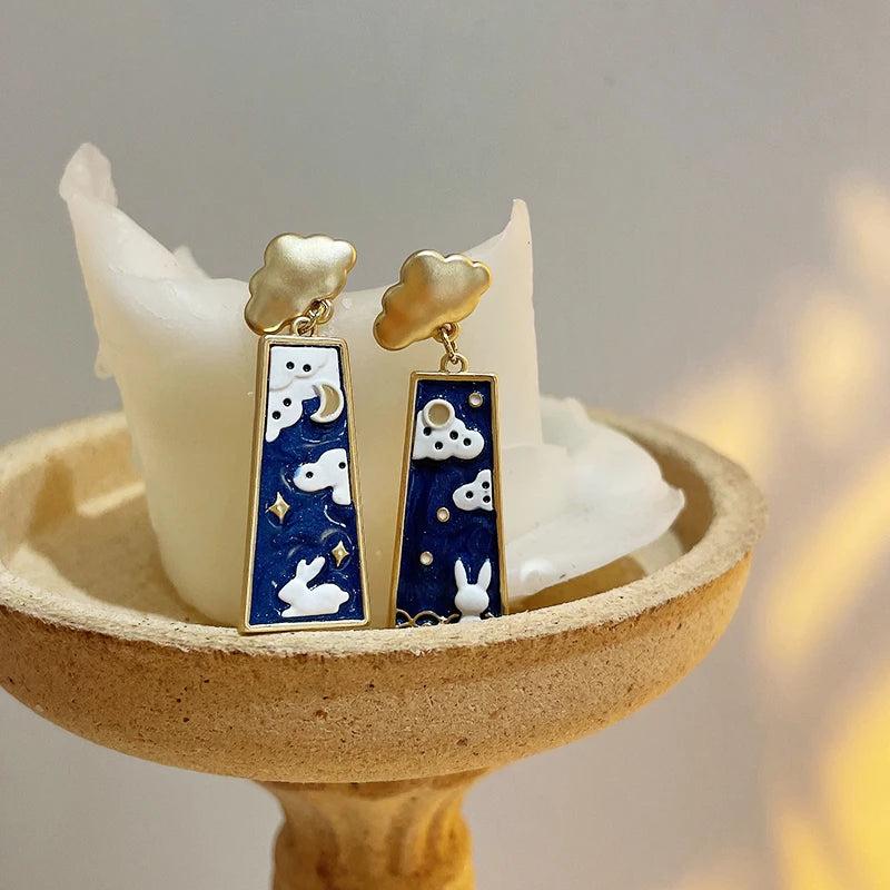 Chinese Style Bunny Ear Clip Earrings Geometric Design Clouds Rabbit Clip-On