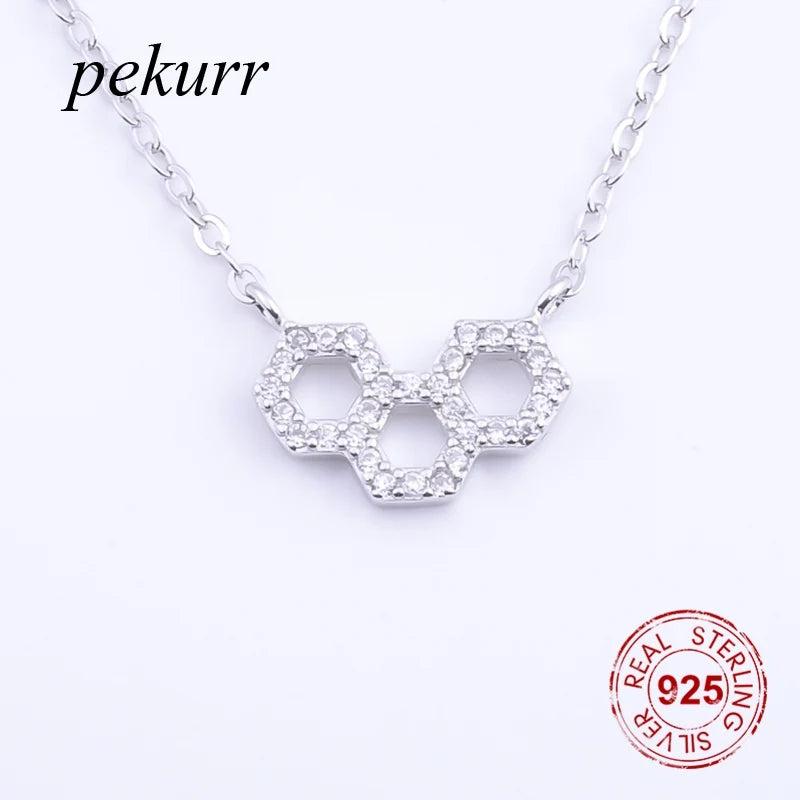 925 Silver CZ 3 Hollow Hexagon Necklace Pendant Women Chain Jewelry