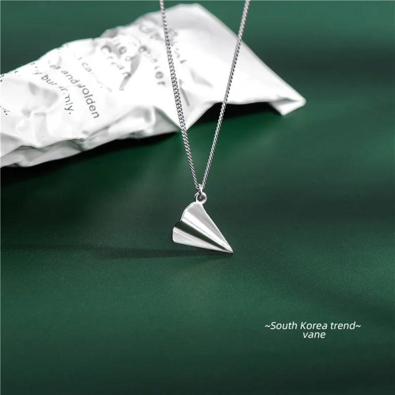 925 Silver Paper Airplane Pendant Necklace Sterling Silver Chain Jewelry