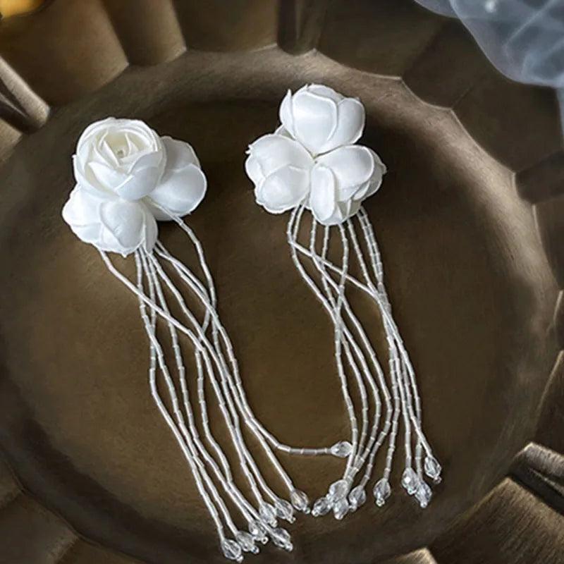 Petal Beaded Tassel Ear Clip Wedding Earrings