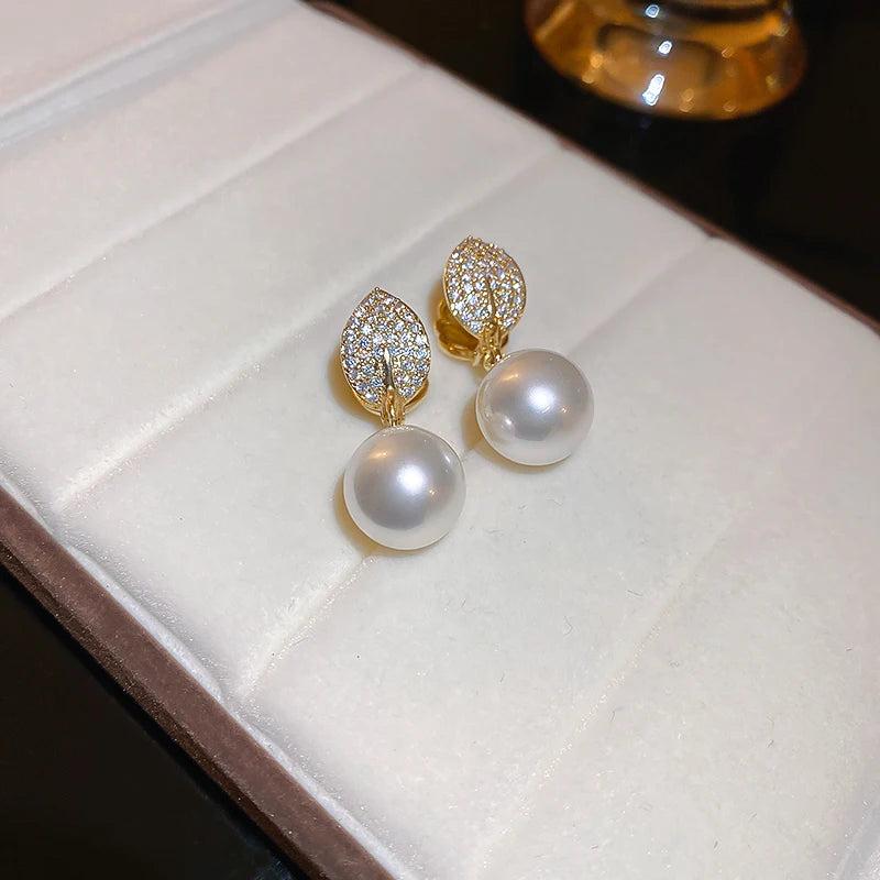 Leaf Pearl Pendant Clip Earrings Classic CZ Plated Ear Buckle for Wedding