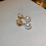 Leaf Pearl Pendant Clip Earrings Classic CZ Plated Ear Buckle for Wedding