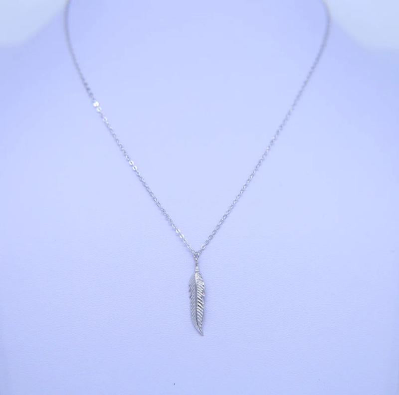 Vintage 925 Silver Feather Pendant Long Necklace Jewelry