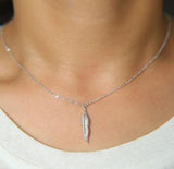 Vintage 925 Silver Feather Pendant Long Necklace Jewelry