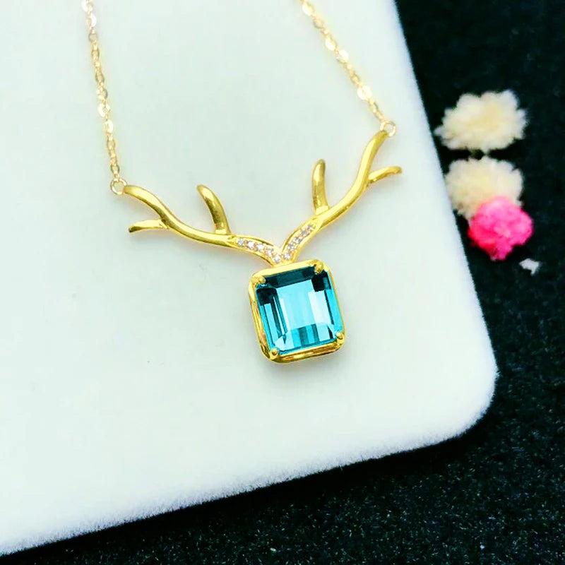 S925 Gold-Plated Aquamarine Elk Antlers Pendant Necklace