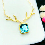 S925 Gold-Plated Aquamarine Elk Antlers Pendant Necklace