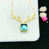 S925 Gold-Plated Aquamarine Elk Antlers Pendant Necklace