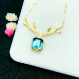 S925 Gold-Plated Aquamarine Elk Antlers Pendant Necklace