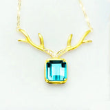 S925 Gold-Plated Aquamarine Elk Antlers Pendant Necklace