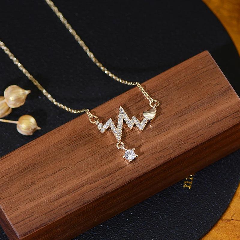 14k Wave Heartbeat Necklace Zircon Star Choker for Women