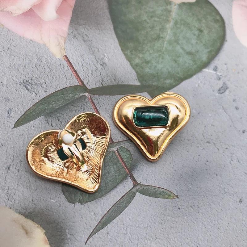 Big Heart Earrings Clip-on Green Stone Alloy Exaggerate Statement Ear Clips