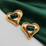 Big Heart Earrings Clip-on Green Stone Alloy Exaggerate Statement Ear Clips
