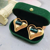 Big Heart Earrings Clip-on Green Stone Alloy Exaggerate Statement Ear Clips