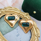 Big Heart Earrings Clip-on Green Stone Alloy Exaggerate Statement Ear Clips