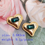 Big Heart Earrings Clip-on Green Stone Alloy Exaggerate Statement Ear Clips